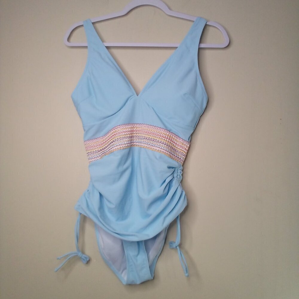 Swimsuit One Piece Women S Side Gathers Padded Cups Blue With Rainbow Accent